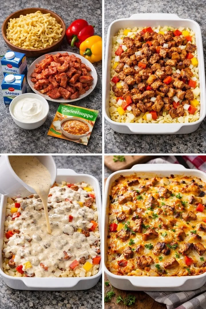 Köstliche Gyros-Spätzle aus dem Ofen, schnell und einfach zubereitet.
