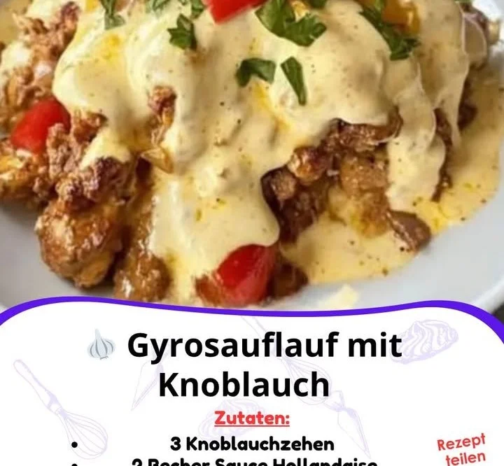 Leckere Gyrosauflauf mit Knoblauch serviert auf einem Teller