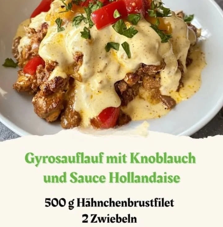 Gyrosauflauf mit Knoblauch und Sauce Hollandaise auf einem Teller