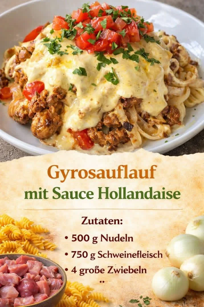 Leckere Gyrosauflauf mit Sauce Hollandaise auf dem Teller serviert.