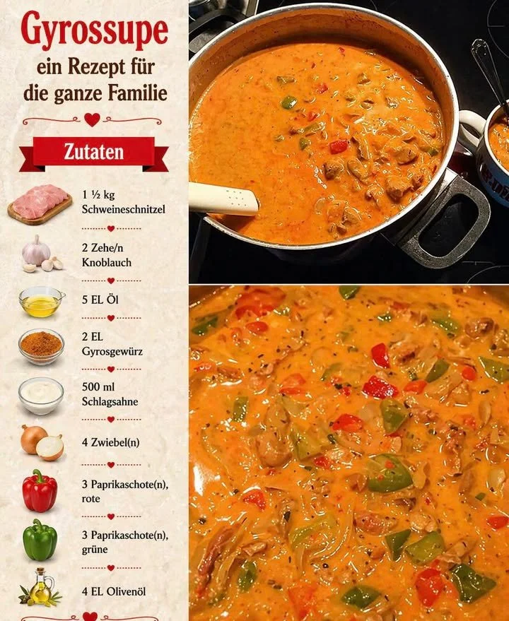 Schüssel mit leckerer Gyrossuppe, serviert mit frischen Kräutern