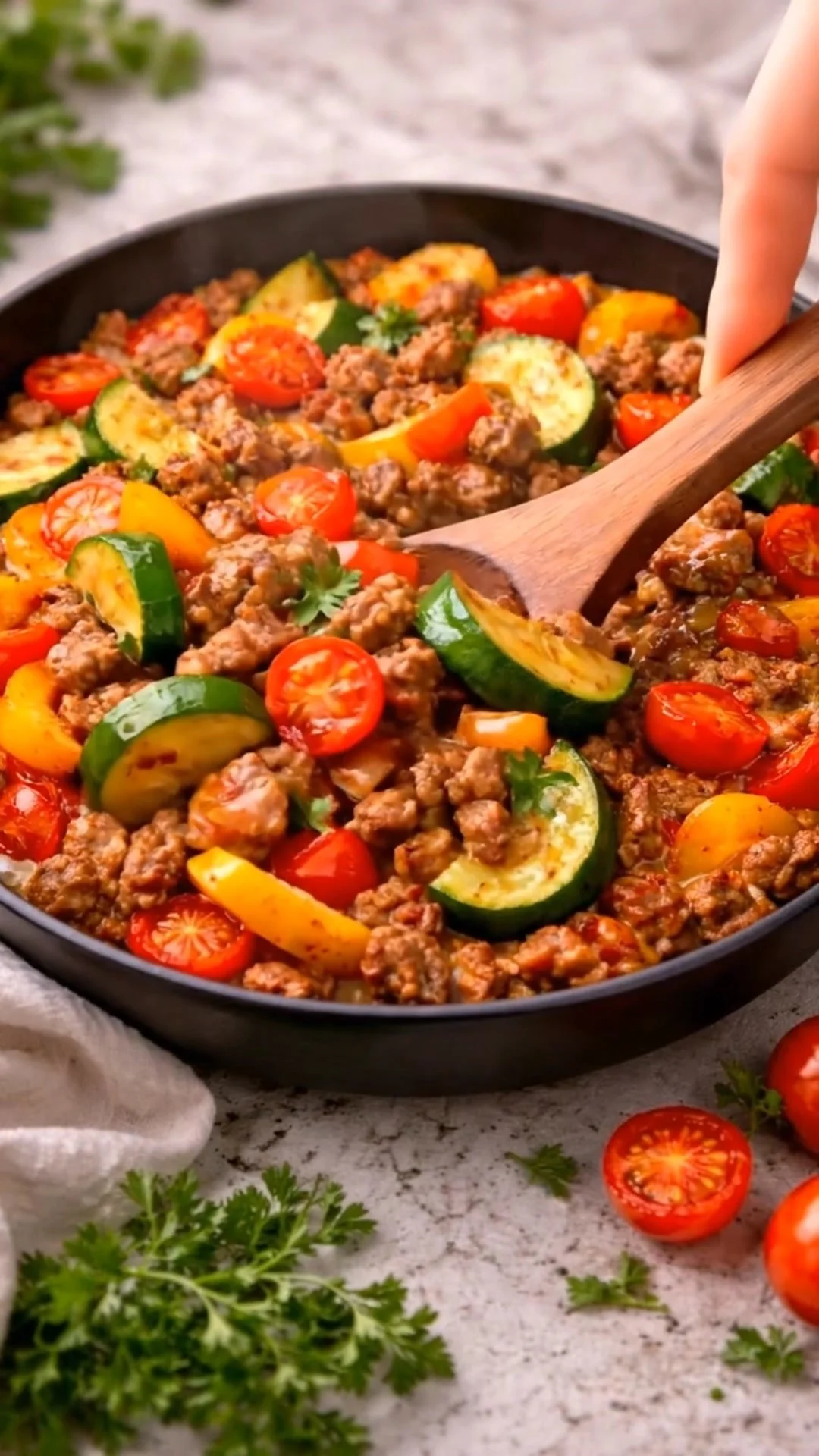 Delicious Hackfleisch-Gemüse-Pfanne mit frischem Gemüse und gewürztem Hackfleisch