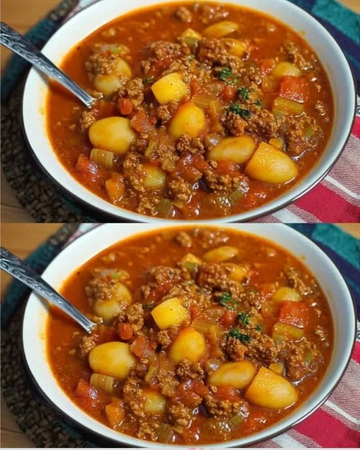 Ein schmackhafter Hackfleisch-Kartoffeltopf auf einem Esstisch serviert