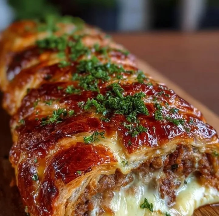 Hackfleisch-Käse-Rolle frisch gebacken auf einem Holzbrett