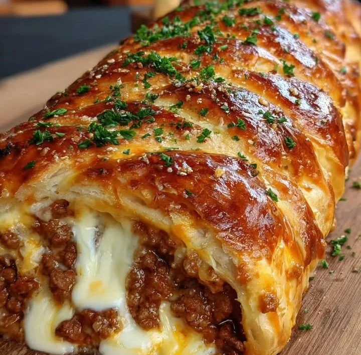 Leckere Hackfleisch-Käse-Rolle frisch aus dem Ofen, serviert auf einem Holzbrett.