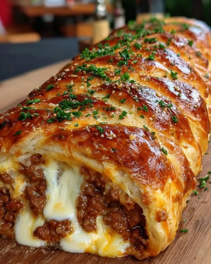 Leckere Hackfleisch-Käse-Rolle frisch aus dem Ofen.