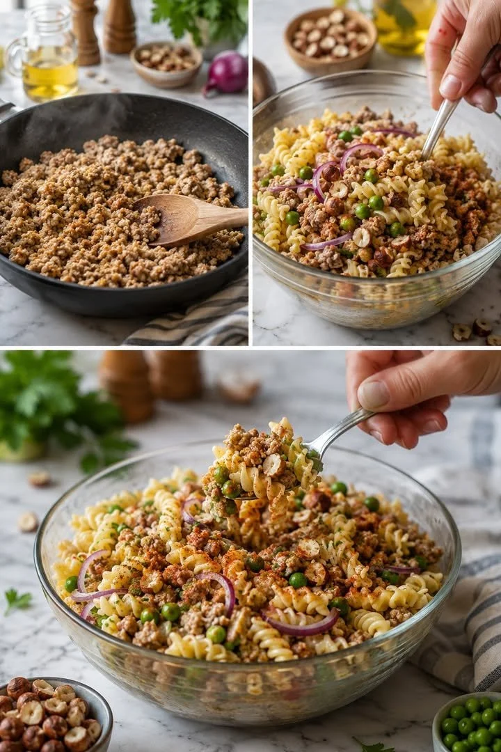 Leckerer Hackfleisch-Nudelsalat in einer bunten Salatschüssel