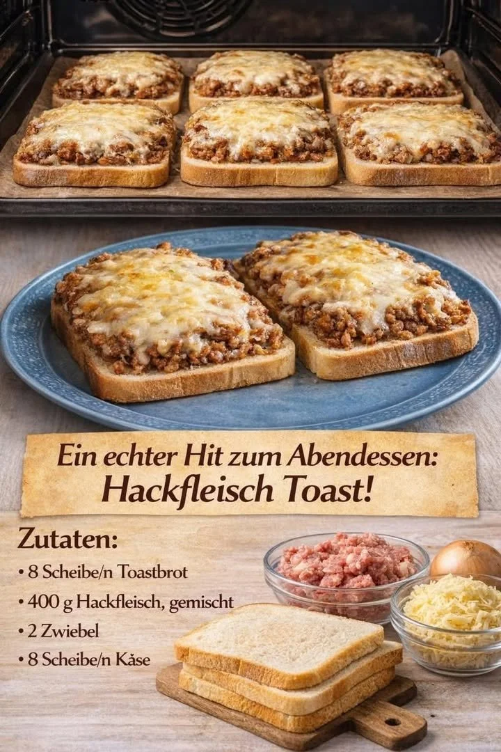 Hackfleisch-Toast mit Käse überbacken, serviert auf einem Teller.
