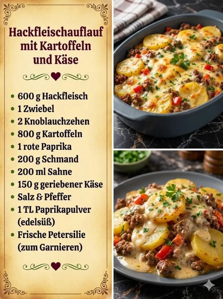 Leckerer Hackfleischauflauf mit Kartoffeln und Käse frisch aus dem Ofen.