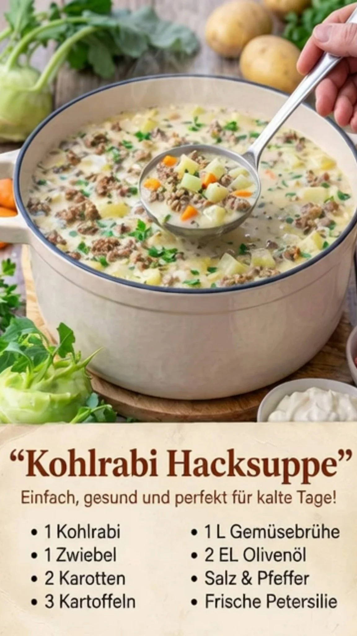 Schüssel mit klassischer Hacksuppe, reichhaltig und aromatisch präsentiert.