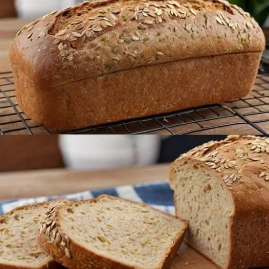Ein frisch gebackenes Haferbrot ohne Hefe auf einem Holzbrett.