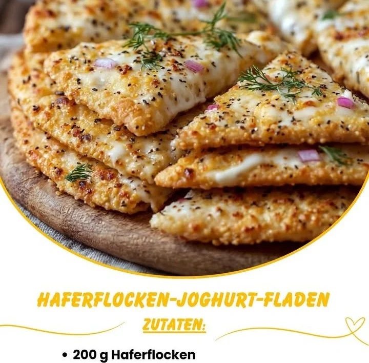 Haferflocken-Joghurt-Fladen auf einem Teller garniert.