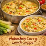 Schüssel mit Hähnchen Curry Lauch-Suppe, frisch zubereitet und lecker.