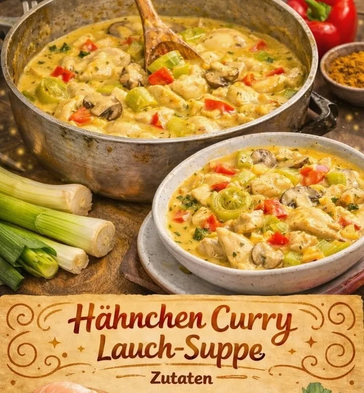 Schüssel mit Hähnchen Curry Lauch-Suppe, frisch zubereitet und lecker.