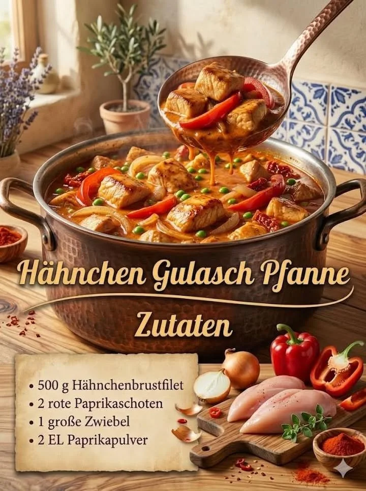 Hähnchen Gulasch Pfanne mit frischem Gemüse und Gewürzen