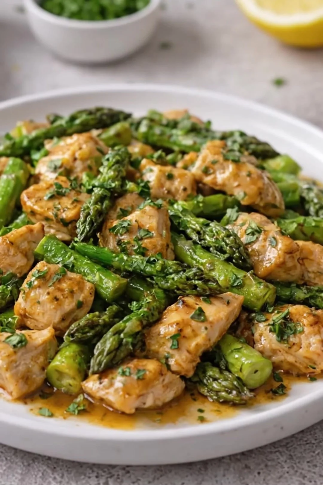 Hähnchen mit Spargel in einer Pfanne zubereitet, gesund und schnell