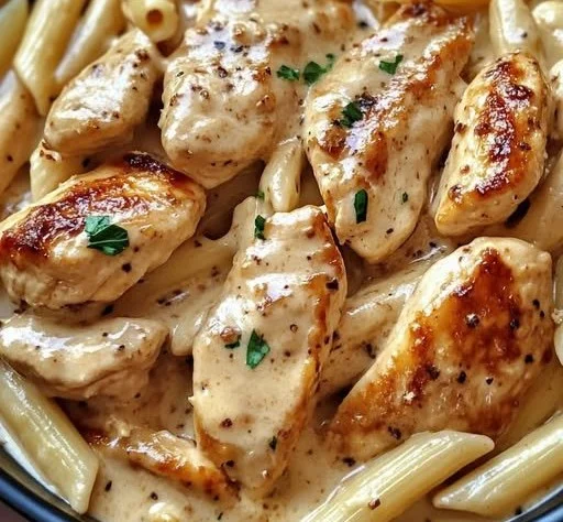 Hähnchen-Penne in cremiger Sahnesauce auf einem Teller serviert
