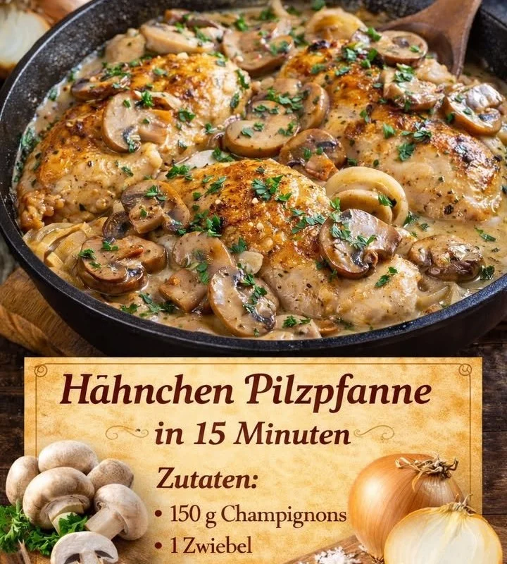 Leckere Hähnchen Pilzpfanne mit frischen Champignons zubereitet.