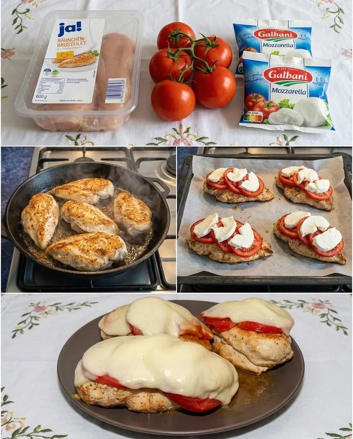 Hähnchenbrustfilet mit frischen Tomaten und Mozzarella, serviert auf einem Teller.