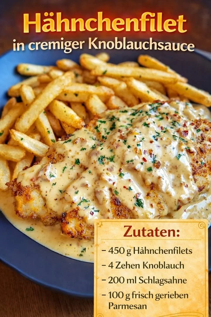 Hähnchenfilet in cremiger Knoblauchsauce auf einem Teller serviert