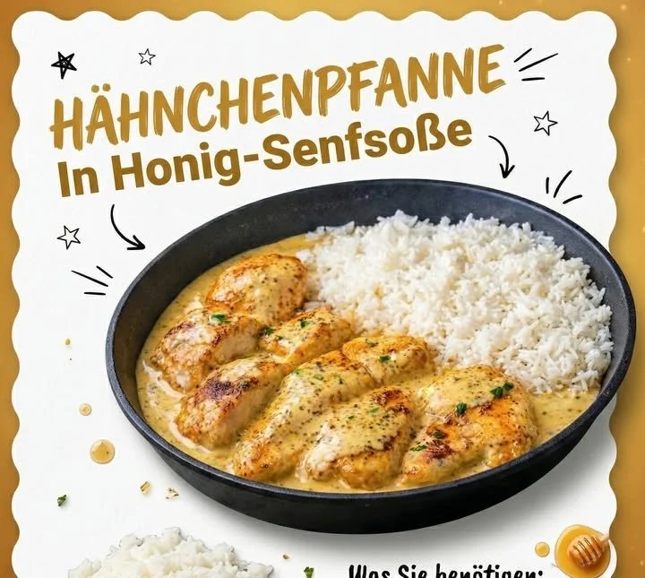 Hähnchenpfanne in Honig Senfsoße, leckeres Rezept für ein schnelles Abendessen.