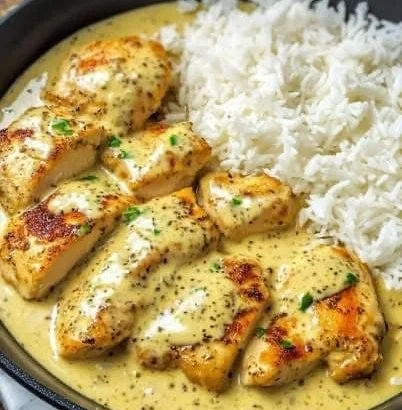 Hähnchenpfanne in Honig-Senssoße mit Gemüse in einer Pfanne zubereitet