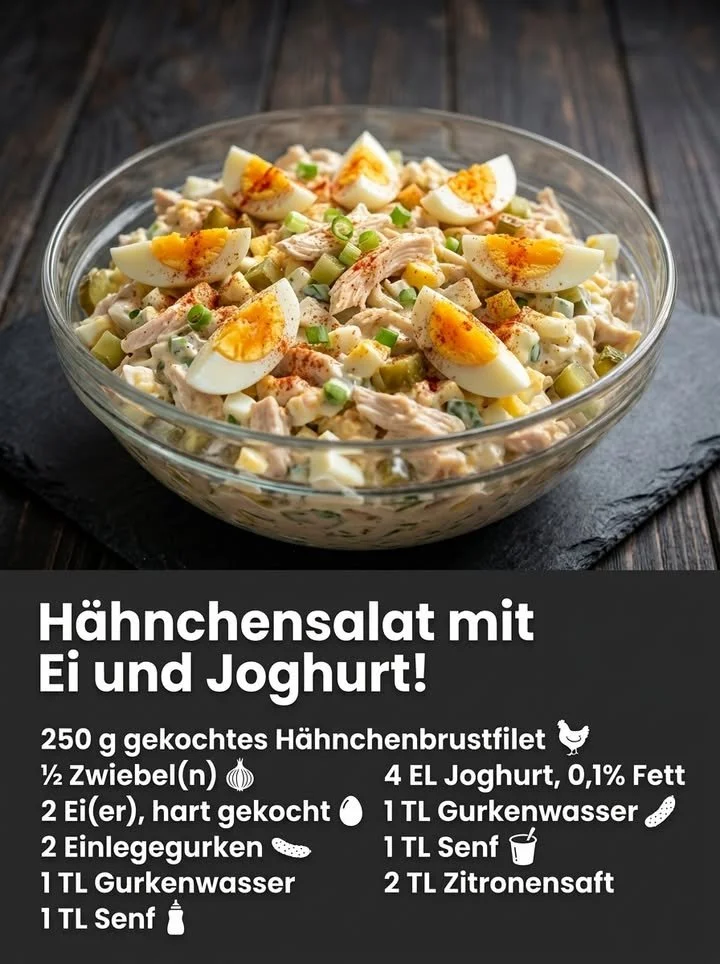 Hähnchensalat mit Ei und Joghurt auf einem bunten Teller serviert
