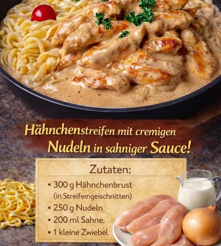 Hähnchenstreifen mit Nudeln in Sahnesauce auf einem Teller angerichtet