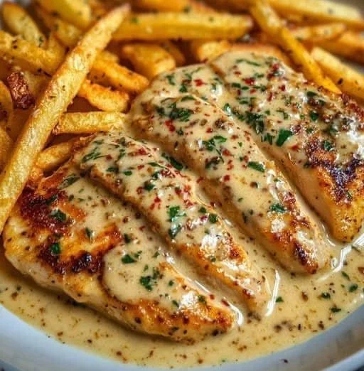 Hausgemachtes Hähnchenfilet in cremiger Knoblauchsauce auf einem Teller serviert