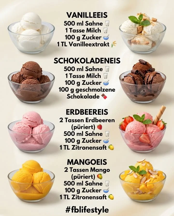 Hausgemachtes Eiscreme Quartett mit verschiedenen köstlichen Sorten