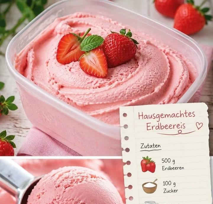 Delicious hausgemachtes Erdbeereis mit frischen Erdbeeren