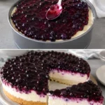 Heidelbeer-Mascarponetorte auf einem weißen Teller mit frischen Heidelbeeren