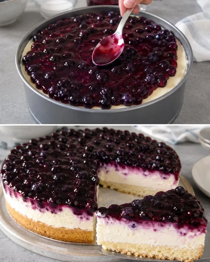 Heidelbeer-Mascarponetorte auf einem weißen Teller mit frischen Heidelbeeren