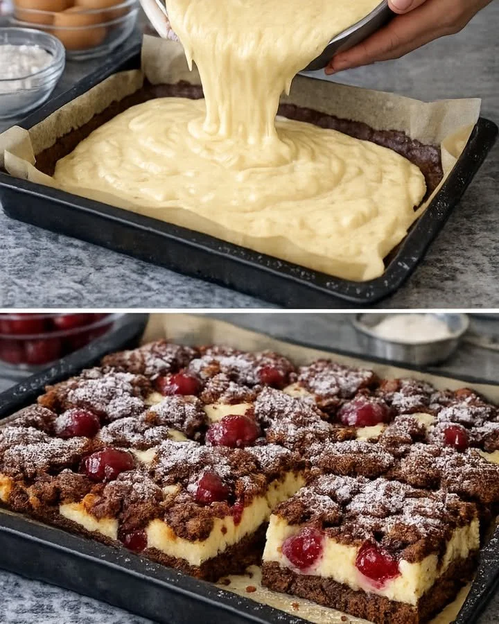 Hermann-Kirsch-Zupfkuchen auf einem Teller, dekoriert mit frischen Kirschen.