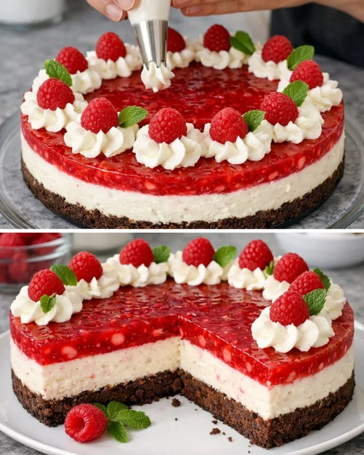 Himbeer-Frischkäse-Torte auf einem dekorativen Teller