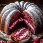 Himbeer Gugelhupf auf einem Teller, garniert mit frischen Himbeeren
