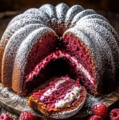 Himbeer Gugelhupf auf einem Teller, garniert mit frischen Himbeeren