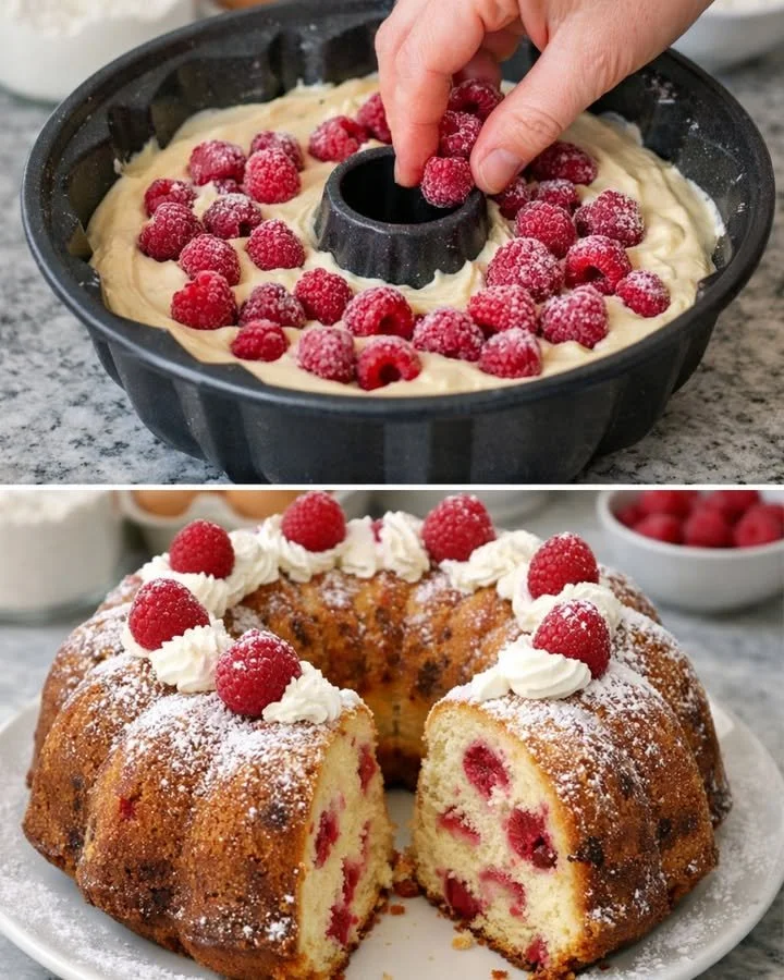 Himbeer-Joghurt-Kranz mit frischen Himbeeren und Joghurtglasur