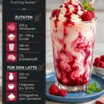 Himbeer-Latte in einer eleganten Tasse mit frischen Himbeeren