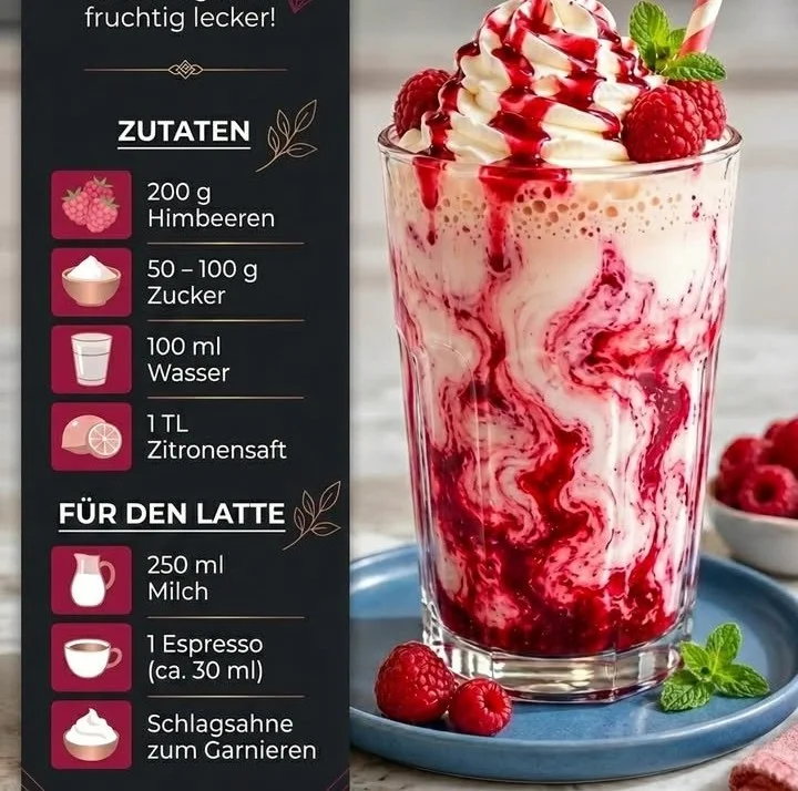 Himbeer-Latte in einer eleganten Tasse mit frischen Himbeeren