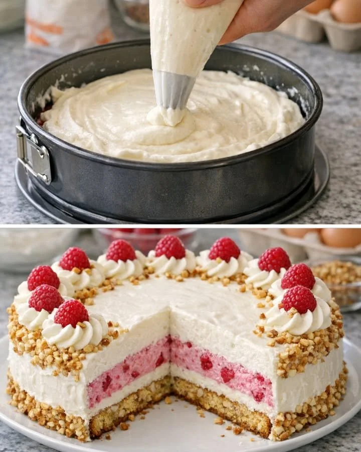 Himbeer Mascarpone-Torte mit frischen Himbeeren und Mascarpone-Creme.
