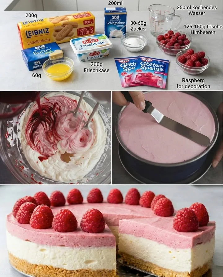 Leckere Himbeer Philadelphia Torte ohne Backen, dekoriert mit frischen Himbeeren.