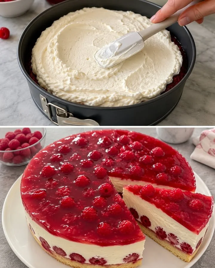 Himbeer-Quark-Torte mit frischen Himbeeren und Quarkfüllung