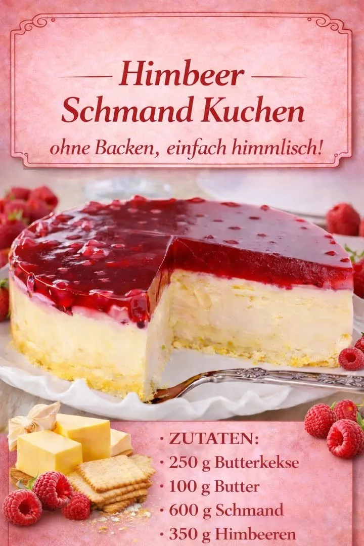 Himbeer-Schmand-Kuchen ohne Backen auf einem Teller serviert