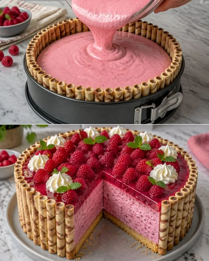 Himbeertorte mit Waffelröllchen, präsentiert auf einem eleganten Teller.
