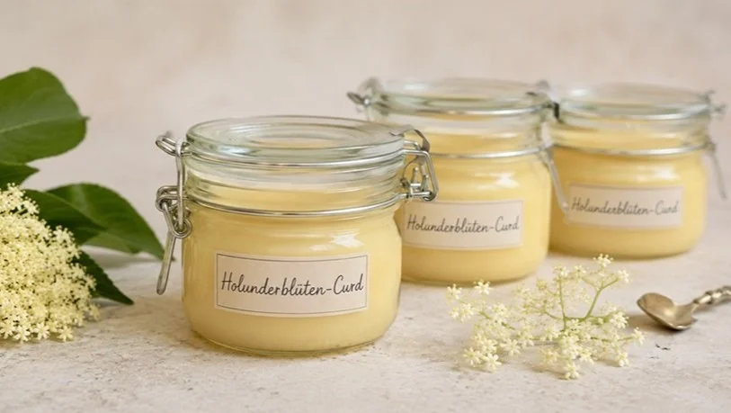 Holunderblüten-Curd in einer Glasschale mit frischen Blüten dekoriert