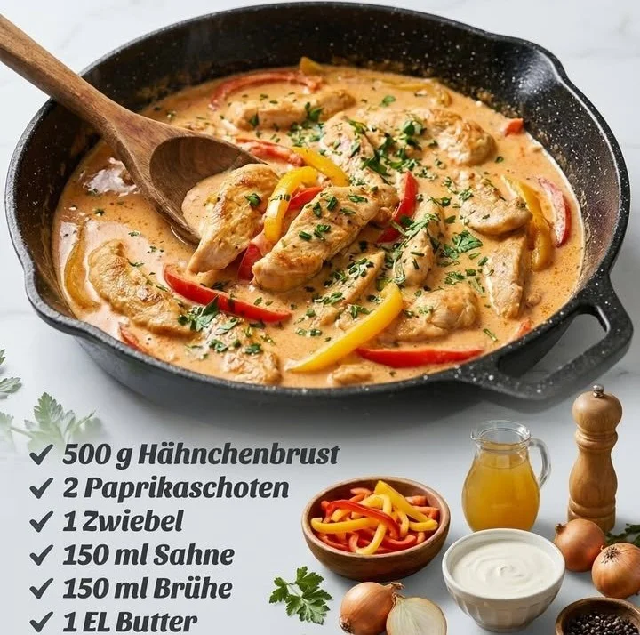Hühnchengeschnetzeltes in cremiger Paprika-Sahnesoße auf einem Teller serviert