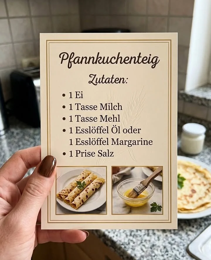 Ein Teller idealer Pfannkuchen, goldbraun und dekoriert mit frischen Früchten