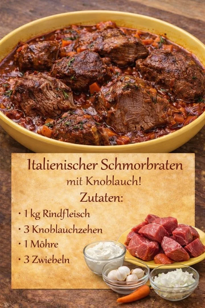 Italienischer Schmorbraten mit Knoblauch auf einem Teller serviert