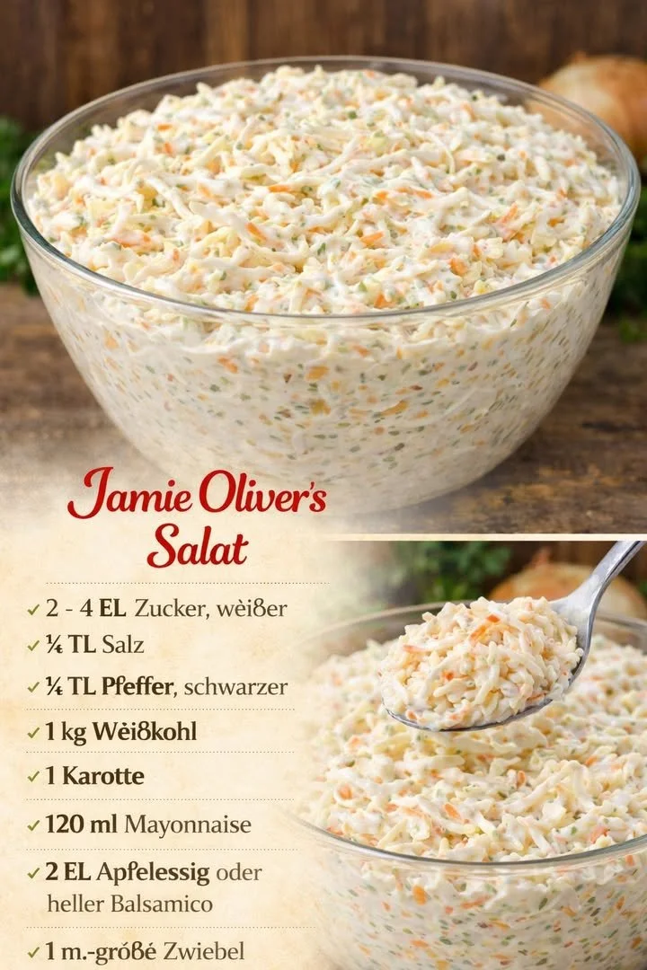 Leckerer Jamie Olivers Salat mit frischen Zutaten auf einem Teller.